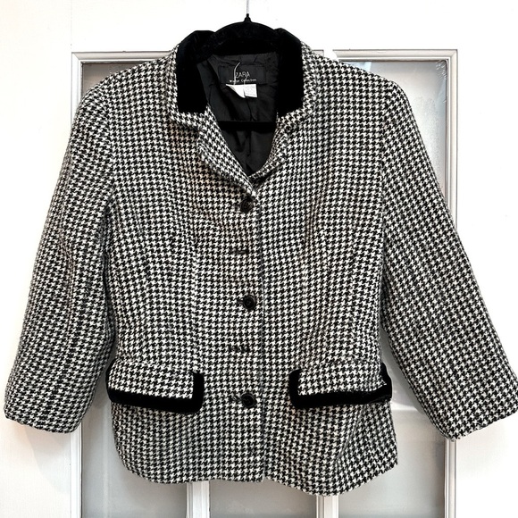 Vintage Zara Black & White Houndstooth Blazer 100% Wool Velvet Trim Size 10 Med - Picture 1 of 13